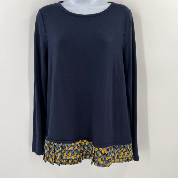 J.Crew M Mixed-Media Top Navy Knit Floral Pleated Hem Long Sleeve Sweater - Picture 8 of 8
